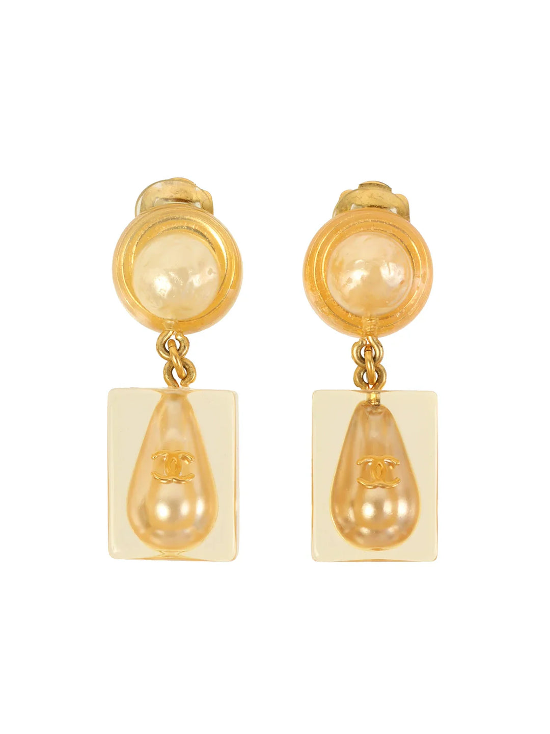 Chanel 1997 Made Square Pearl Cc Mark Swing Earrings Clear/Gold