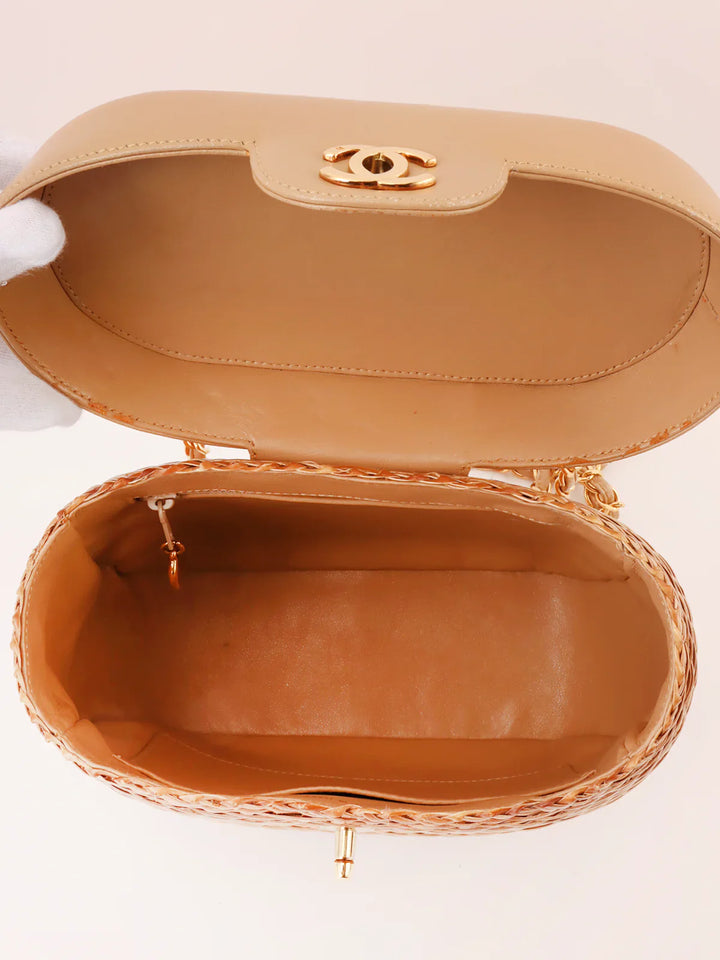 Chanel Around 1998 Made Straw Leather Combination Turn-Lock Chain Shoulder Bag Beige