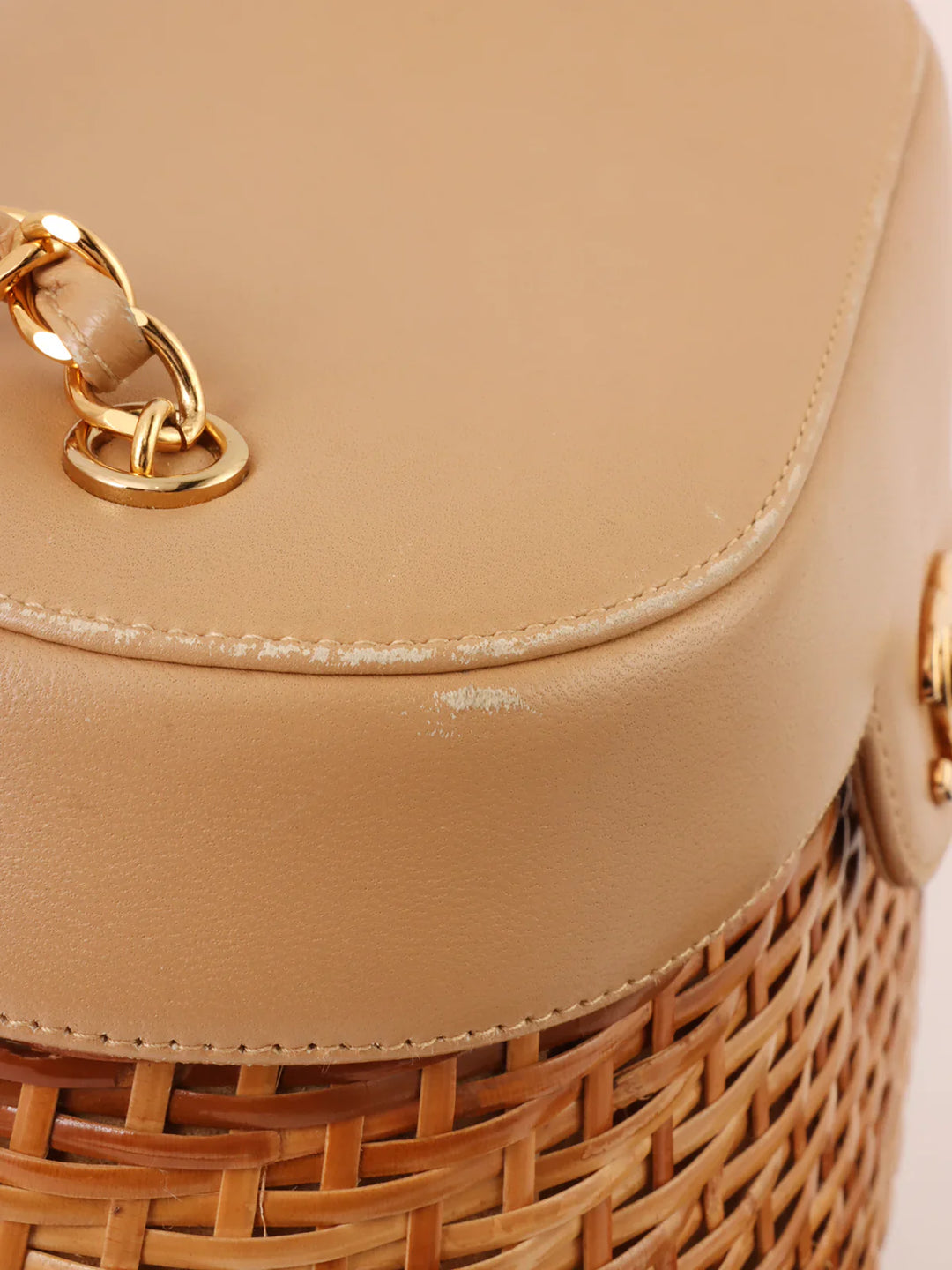 Chanel Around 1998 Made Straw Leather Combination Turn-Lock Chain Shoulder Bag Beige