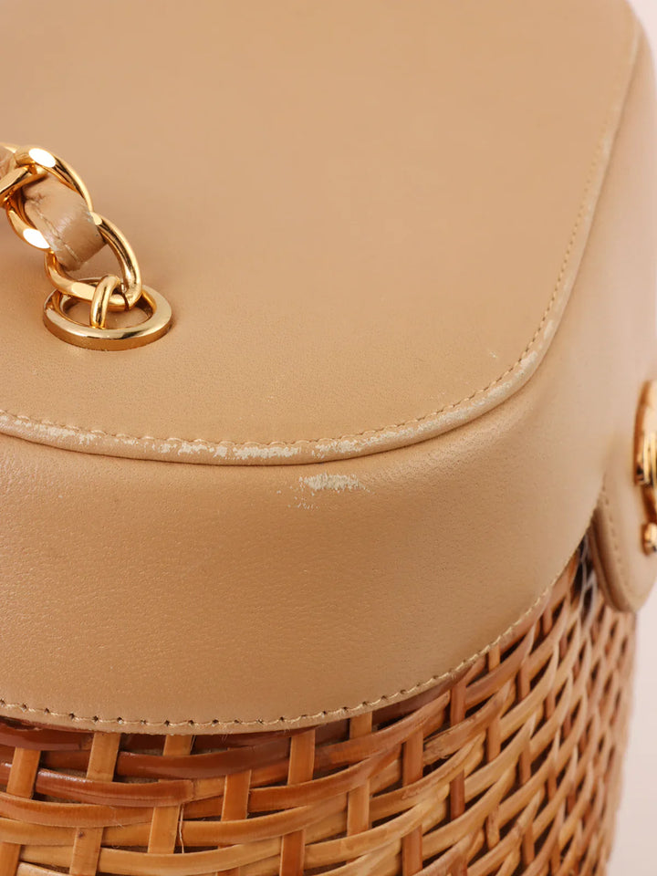 Chanel Around 1998 Made Straw Leather Combination Turn-Lock Chain Shoulder Bag Beige