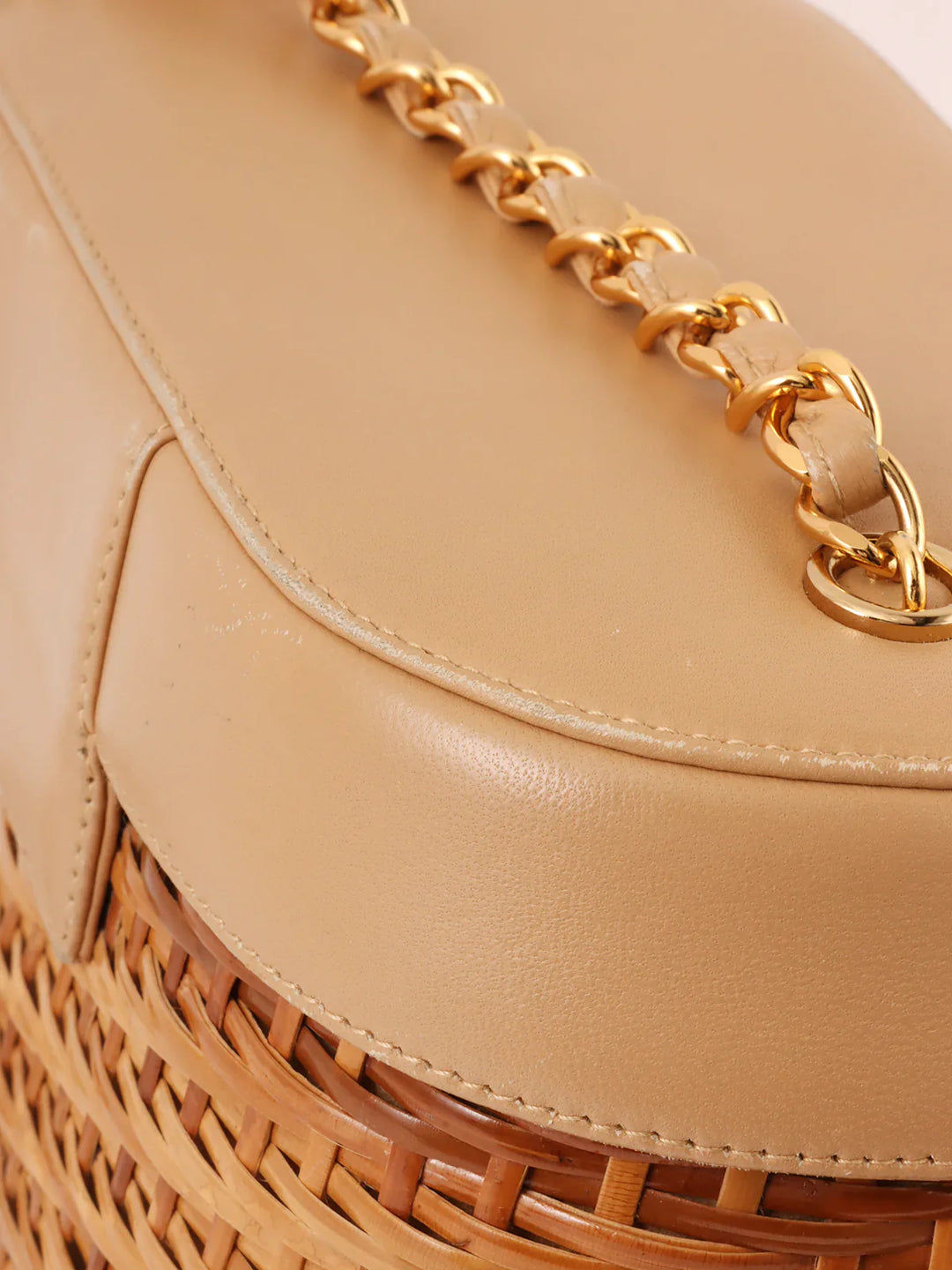 Chanel Around 1998 Made Straw Leather Combination Turn-Lock Chain Shoulder Bag Beige
