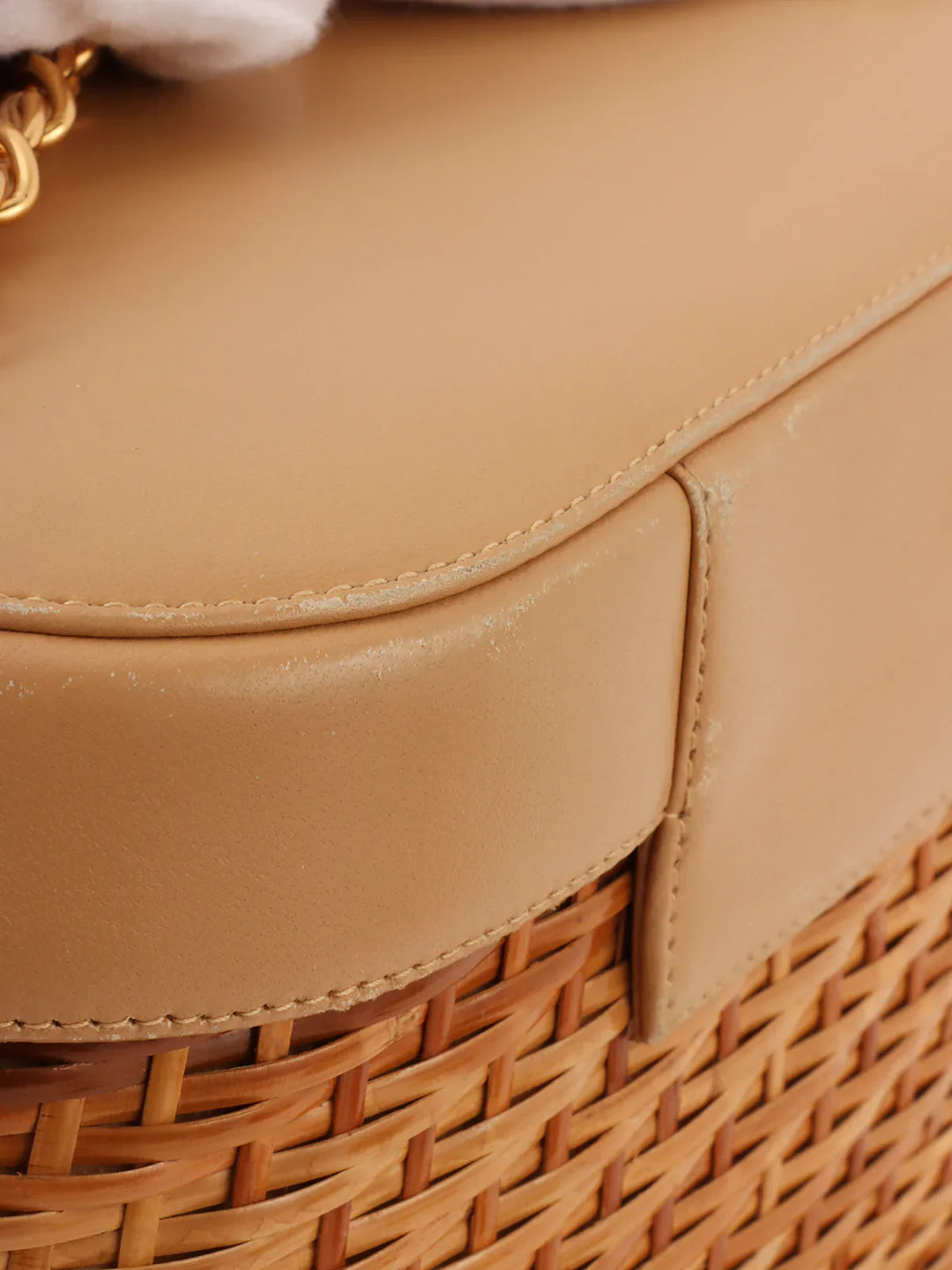 Chanel Around 1998 Made Straw Leather Combination Turn-Lock Chain Shoulder Bag Beige