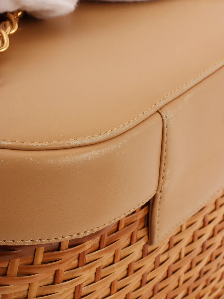 Chanel Around 1998 Made Straw Leather Combination Turn-Lock Chain Shoulder Bag Beige