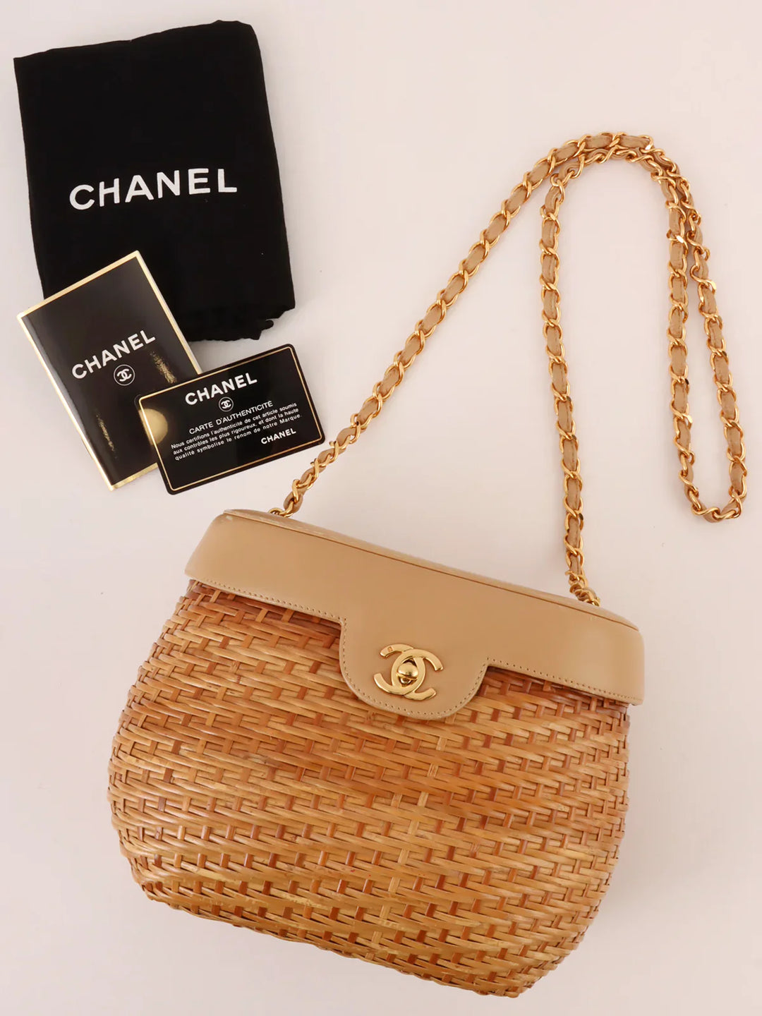 Chanel Around 1998 Made Straw Leather Combination Turn-Lock Chain Shoulder Bag Beige