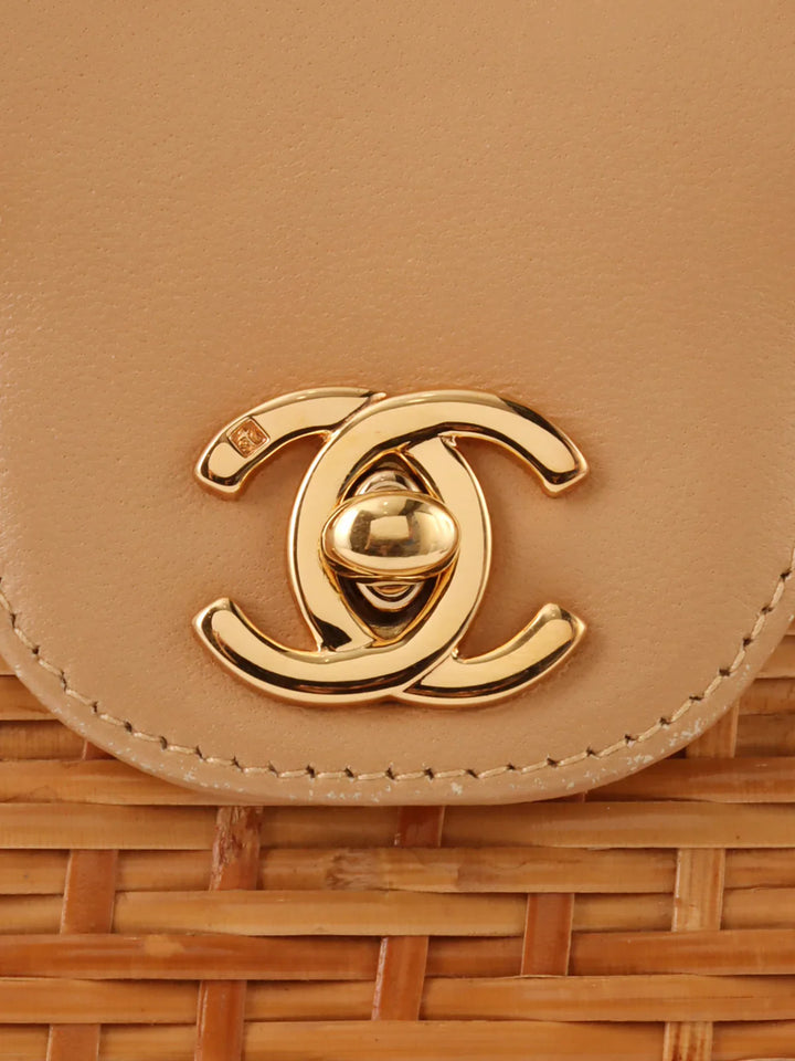 Chanel Around 1998 Made Straw Leather Combination Turn-Lock Chain Shoulder Bag Beige