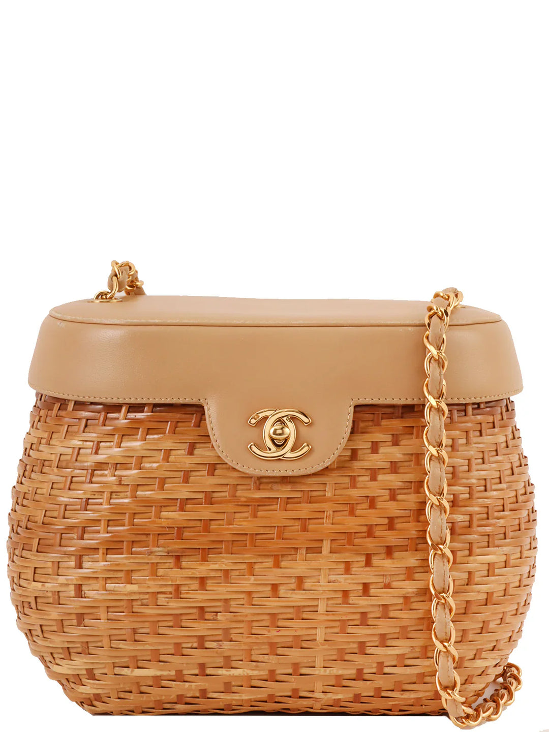 Chanel Around 1998 Made Straw Leather Combination Turn-Lock Chain Shoulder Bag Beige