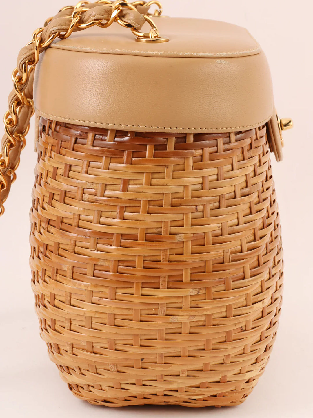 Chanel Around 1998 Made Straw Leather Combination Turn-Lock Chain Shoulder Bag Beige