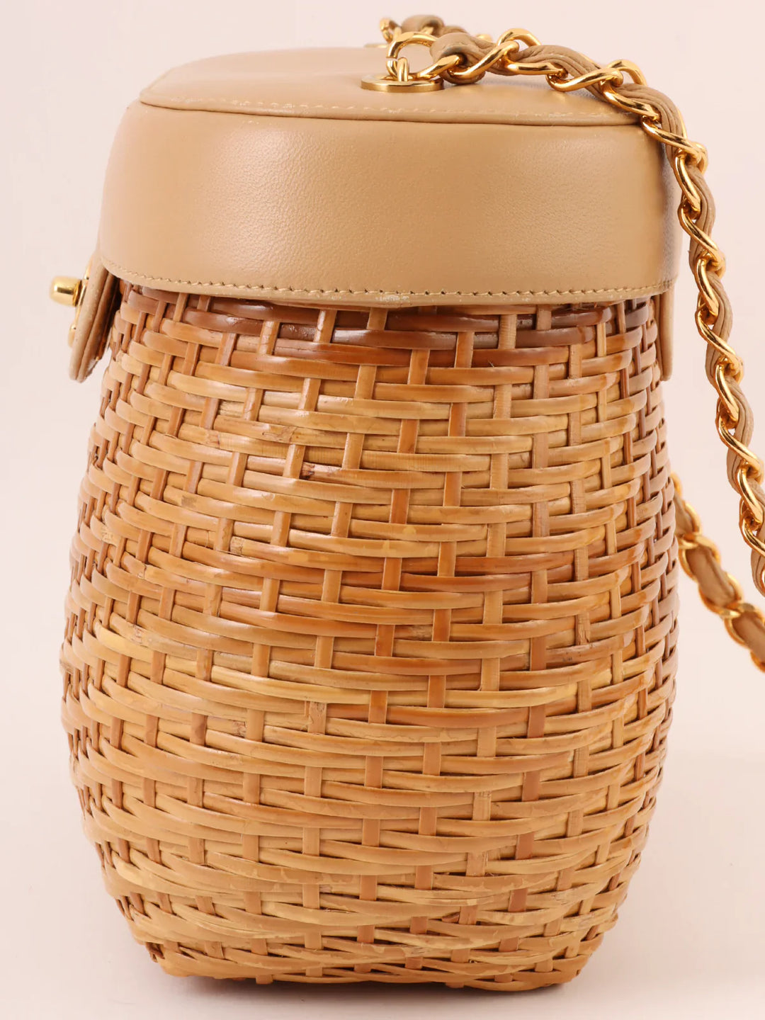 Chanel Around 1998 Made Straw Leather Combination Turn-Lock Chain Shoulder Bag Beige