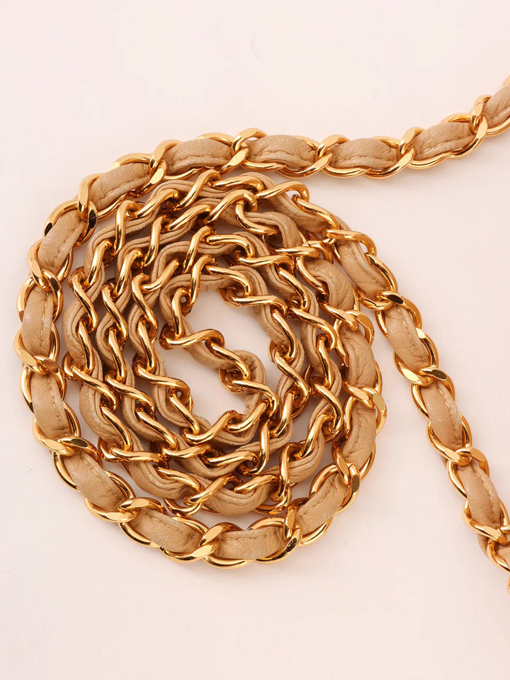 Chanel Around 1998 Made Straw Leather Combination Turn-Lock Chain Shoulder Bag Beige