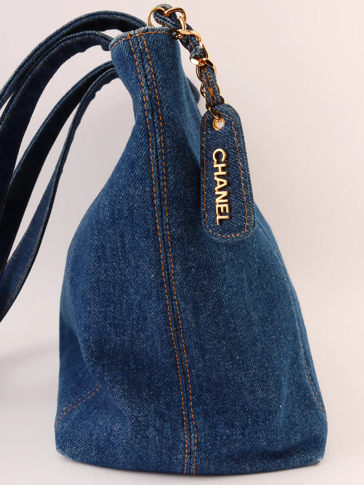 Chanel Around 1997 Made Denim Cc Mark Stitch Tote Bag Indigo