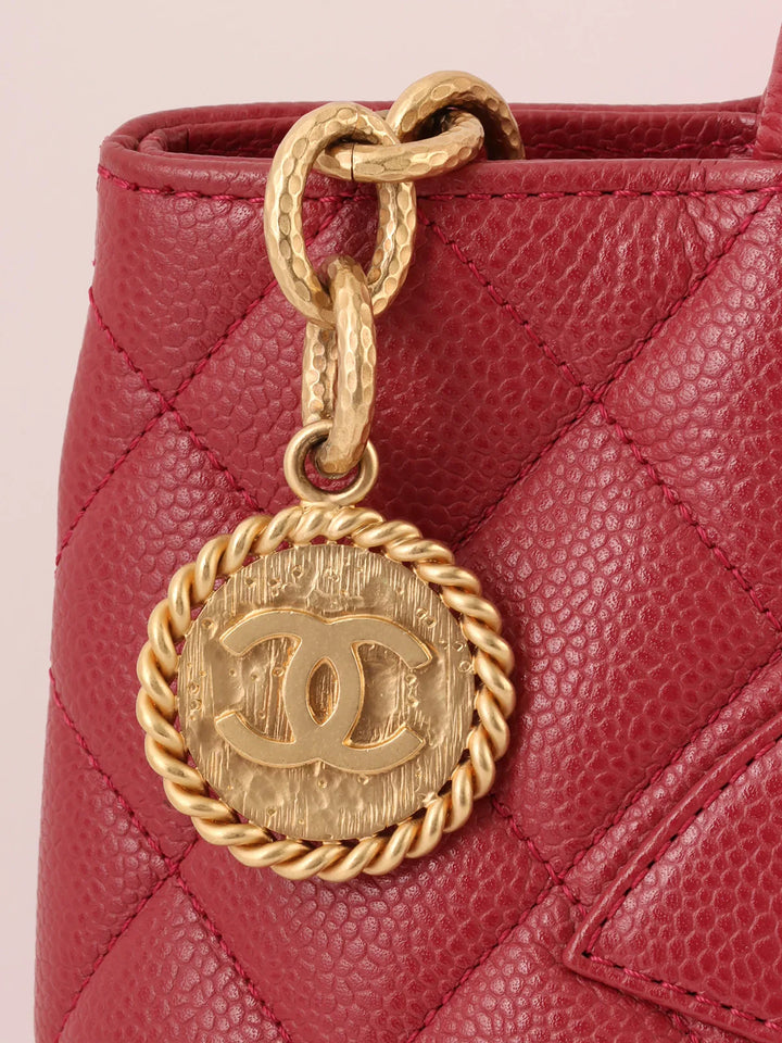 Chanel Around 2000 Made Caivar Skin Cc Mark Stitch Revival Tote Bag Red