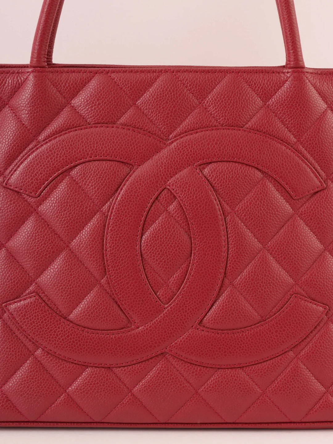 Chanel Around 2000 Made Caivar Skin Cc Mark Stitch Revival Tote Bag Red