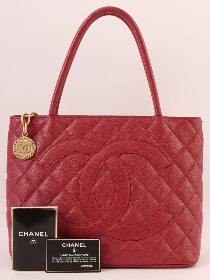 Chanel Around 2000 Made Caivar Skin Cc Mark Stitch Revival Tote Bag Red