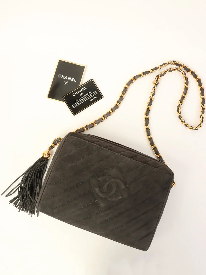 Chanel Around 1995 Made Suede Cc Mark Stitch Tassel Chain Shouder Bag Gray