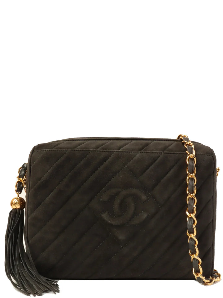 Chanel Around 1995 Made Suede Cc Mark Stitch Tassel Chain Shouder Bag Gray