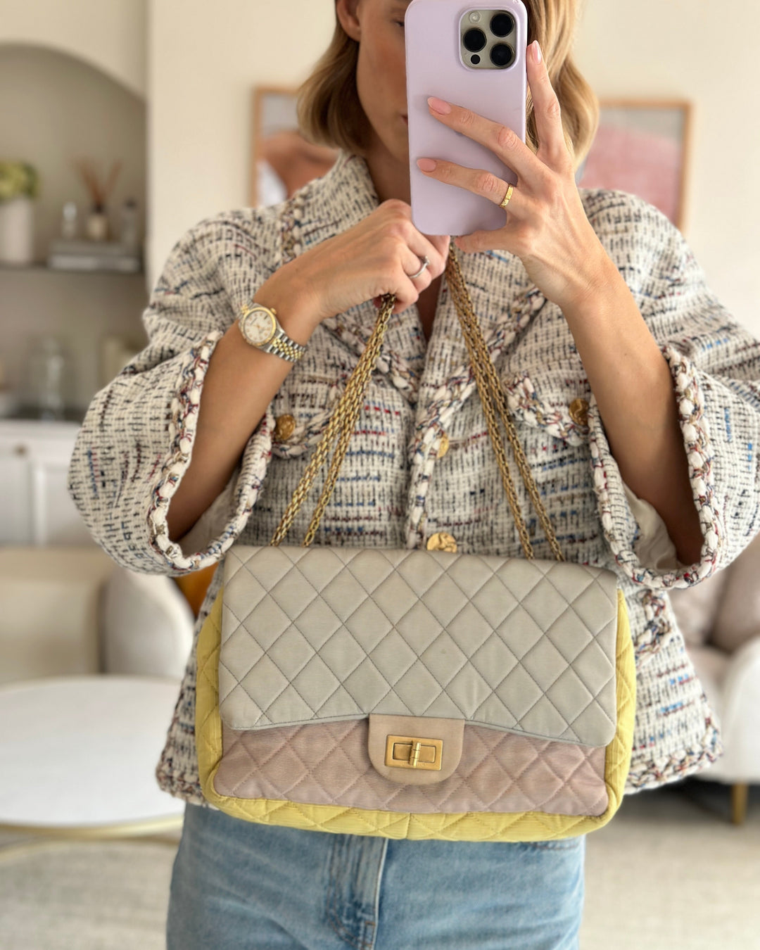 *SUPER FIRE PRICE* Top Quality Chanel Large Jersey Reissue Pastel Yellow, Grey and Pink with Antique Gold Hardware