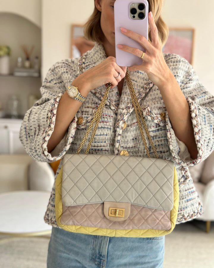 *SUPER FIRE PRICE* Top Quality Chanel Large Jersey Reissue Pastel Yellow, Grey and Pink with Antique Gold Hardware