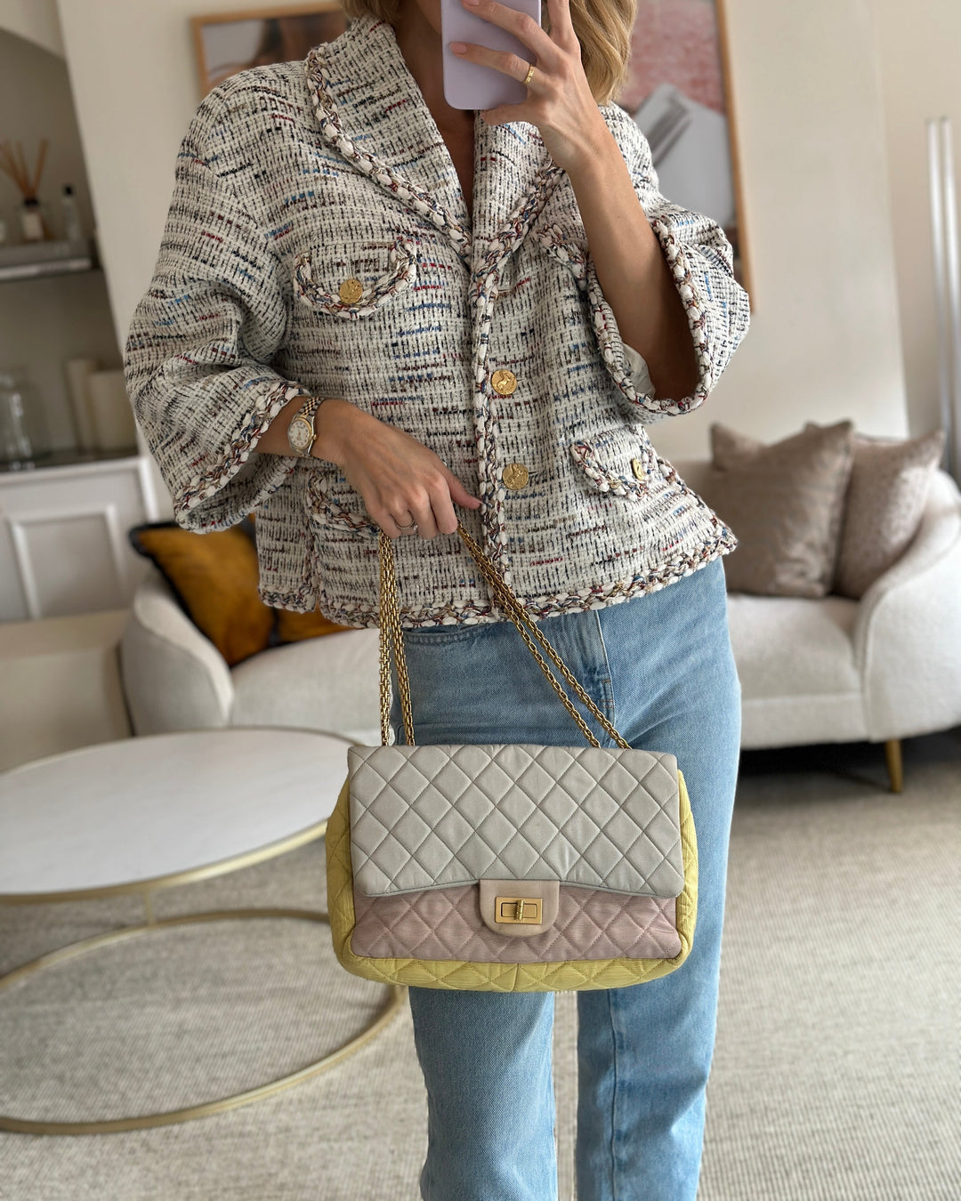 *SUPER FIRE PRICE* Top Quality Chanel Large Jersey Reissue Pastel Yellow, Grey and Pink with Antique Gold Hardware