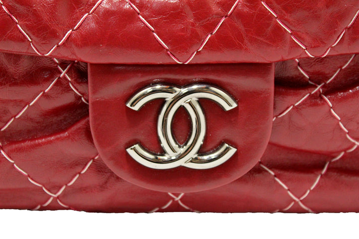 Top Quality Chanel Stitch Dark Red Glazed Aged Calfskin Leather Maxi Single Flap Bag
