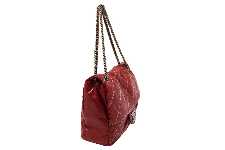 Top Quality Chanel Stitch Dark Red Glazed Aged Calfskin Leather Maxi Single Flap Bag