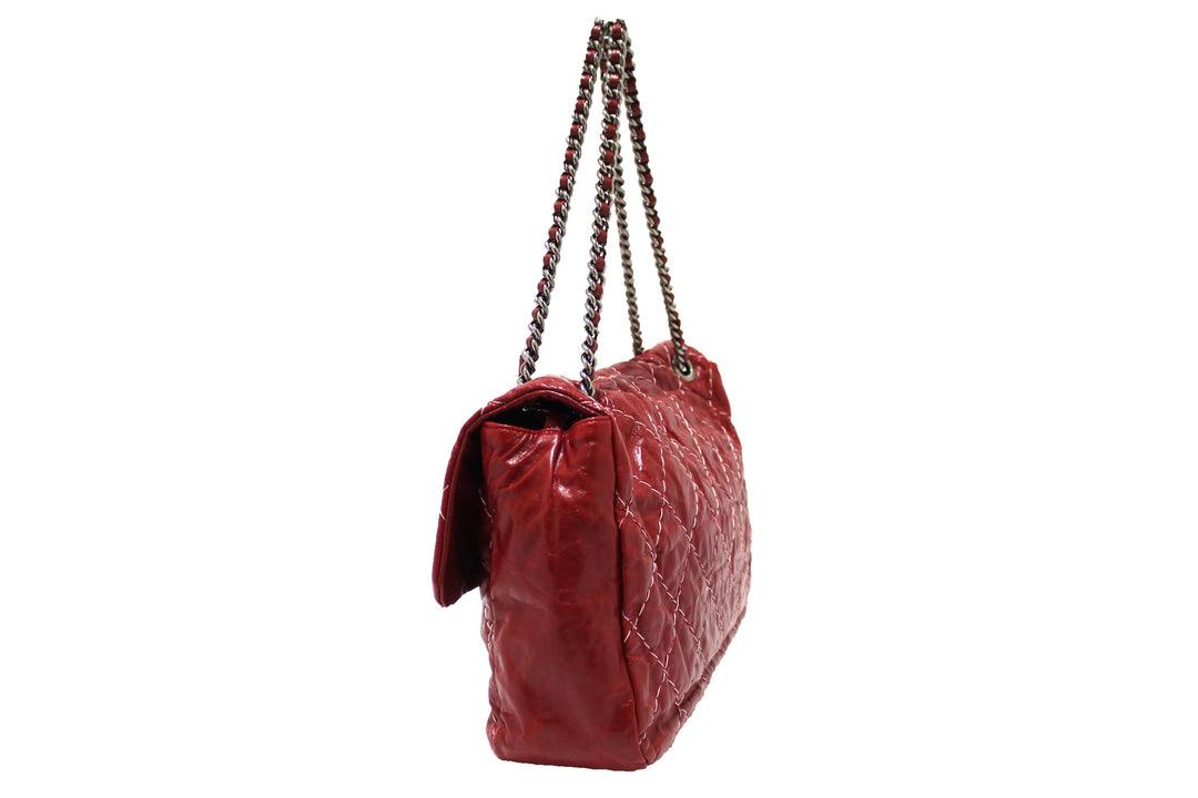 Top Quality Chanel Stitch Dark Red Glazed Aged Calfskin Leather Maxi Single Flap Bag