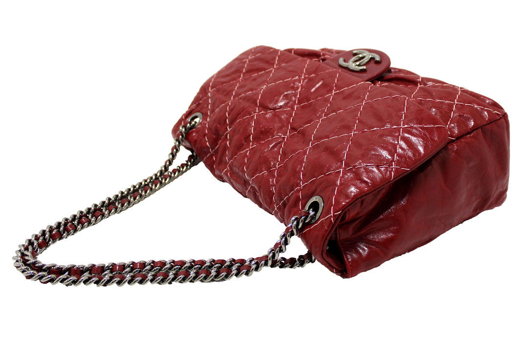 Top Quality Chanel Stitch Dark Red Glazed Aged Calfskin Leather Maxi Single Flap Bag