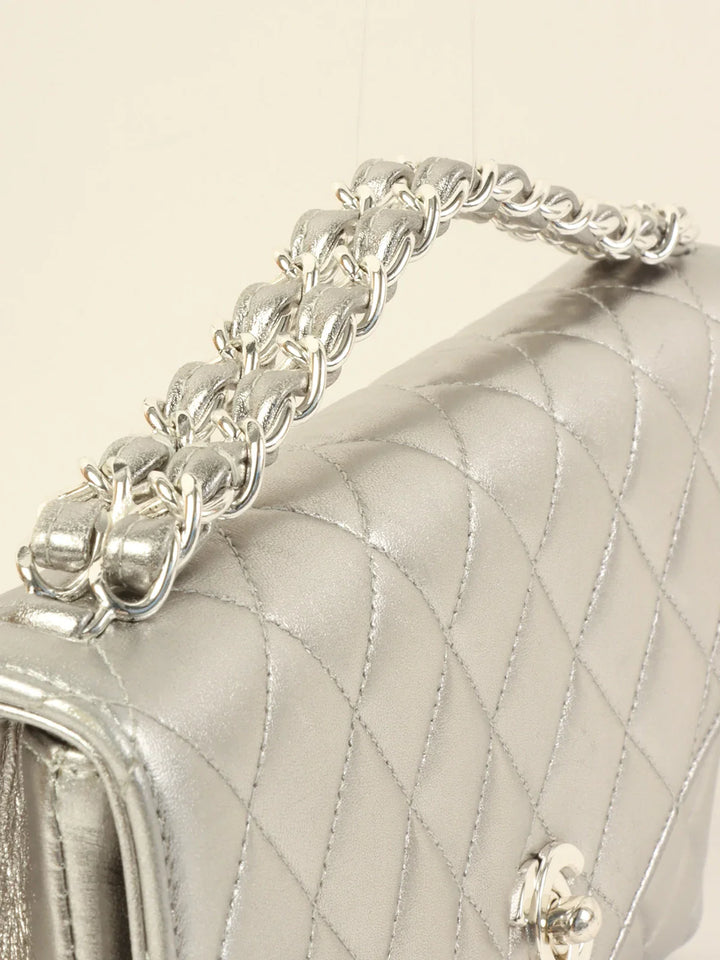 Chanel Around 1997 Turn-Lock Chain Top Handle Bag Silver