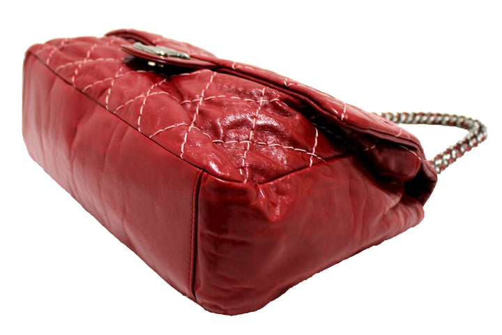 Top Quality Chanel Stitch Dark Red Glazed Aged Calfskin Leather Maxi Single Flap Bag