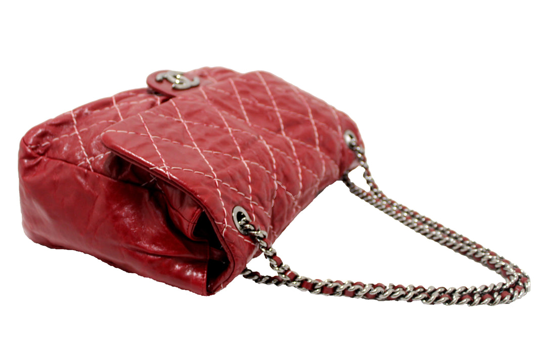 Top Quality Chanel Stitch Dark Red Glazed Aged Calfskin Leather Maxi Single Flap Bag