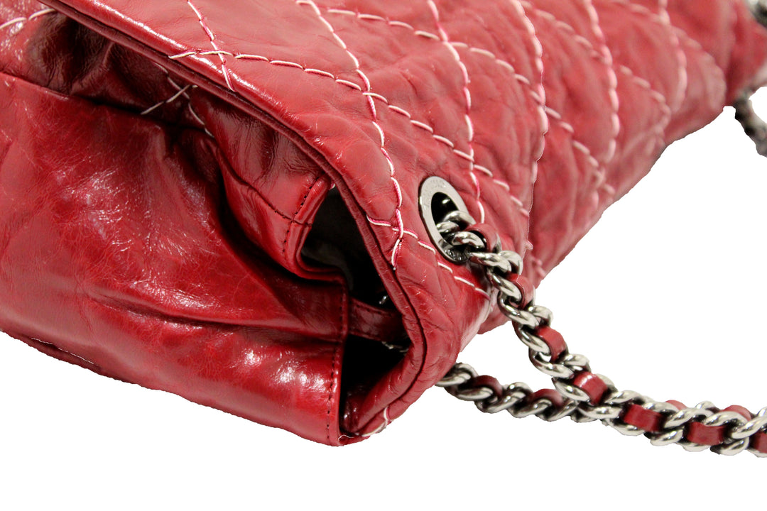 Top Quality Chanel Stitch Dark Red Glazed Aged Calfskin Leather Maxi Single Flap Bag