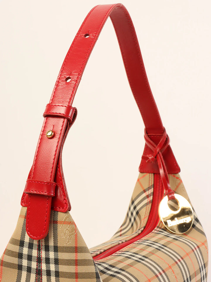 Burberry Nova Check Pattern Logo Charm Handle Bag Red/Beige