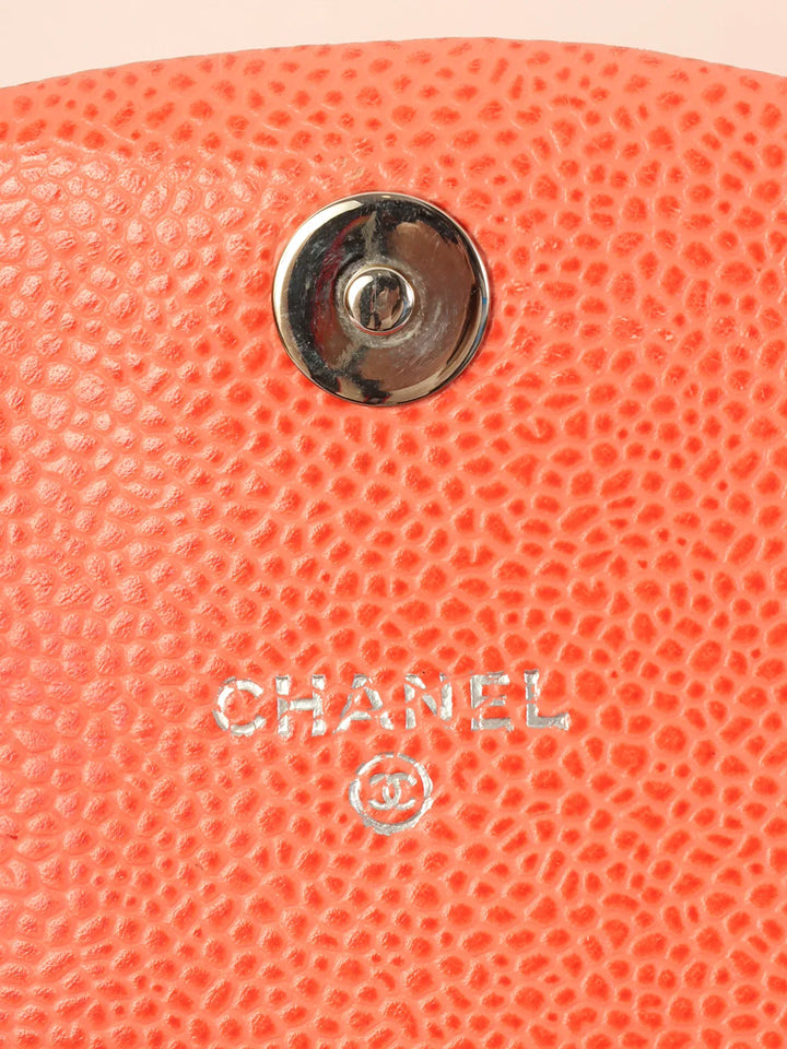 Chanel Around 2014 Made Caviar Skin Cc Mark Stitch Wallet On Chain Salmon Pink