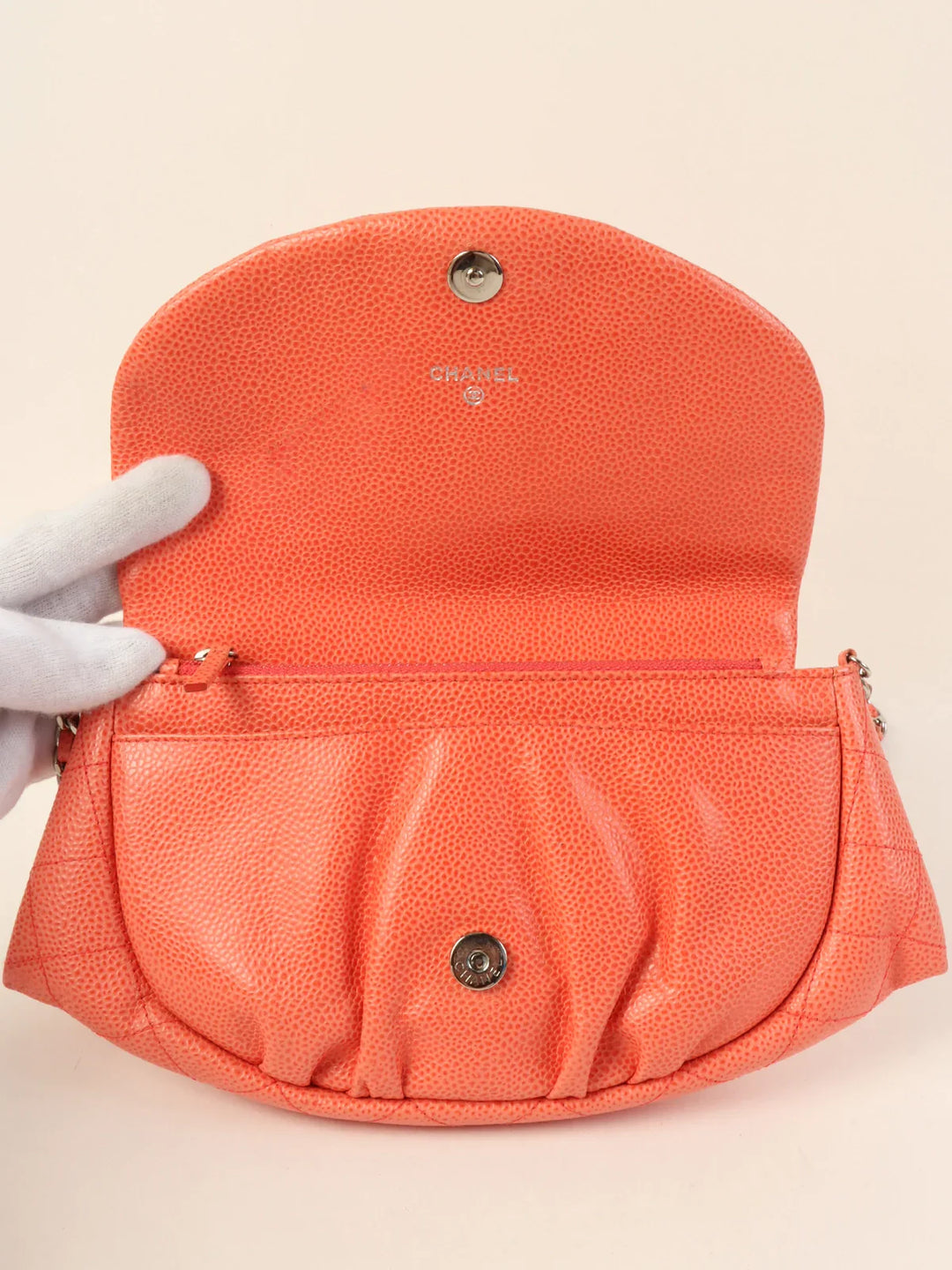 Chanel Around 2014 Made Caviar Skin Cc Mark Stitch Wallet On Chain Salmon Pink