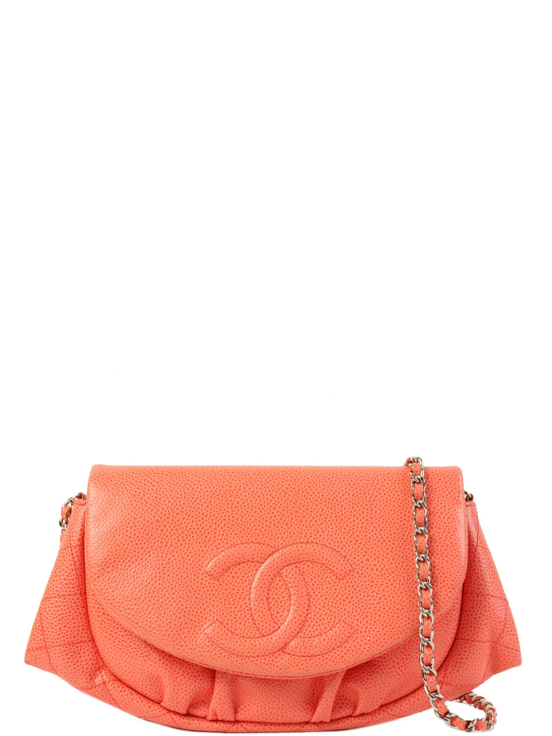 Chanel Around 2014 Made Caviar Skin Cc Mark Stitch Wallet On Chain Salmon Pink