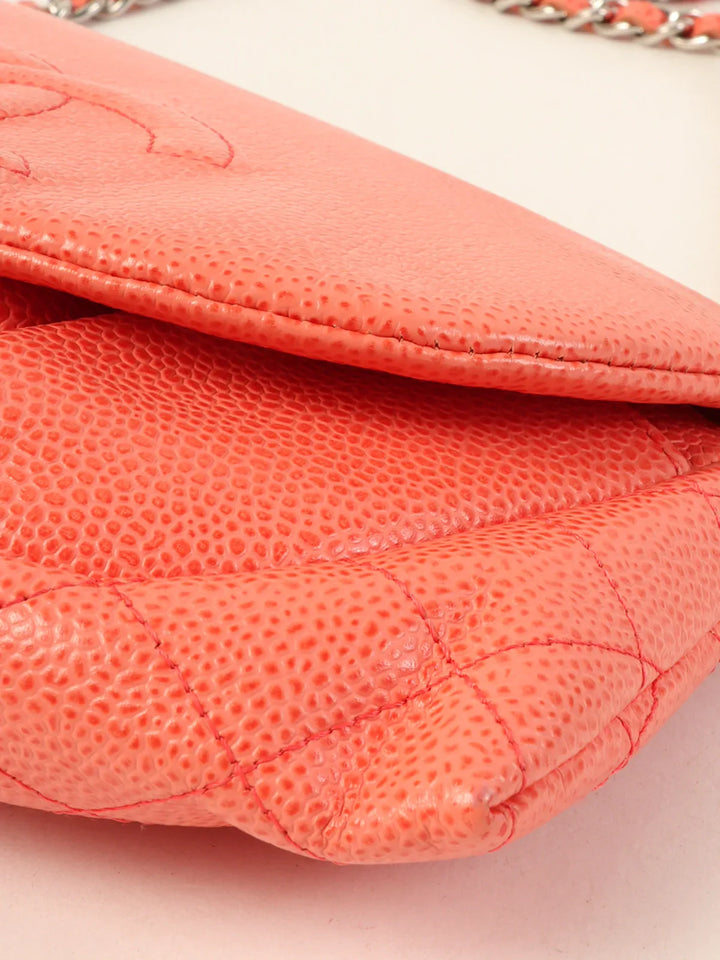 Chanel Around 2014 Made Caviar Skin Cc Mark Stitch Wallet On Chain Salmon Pink