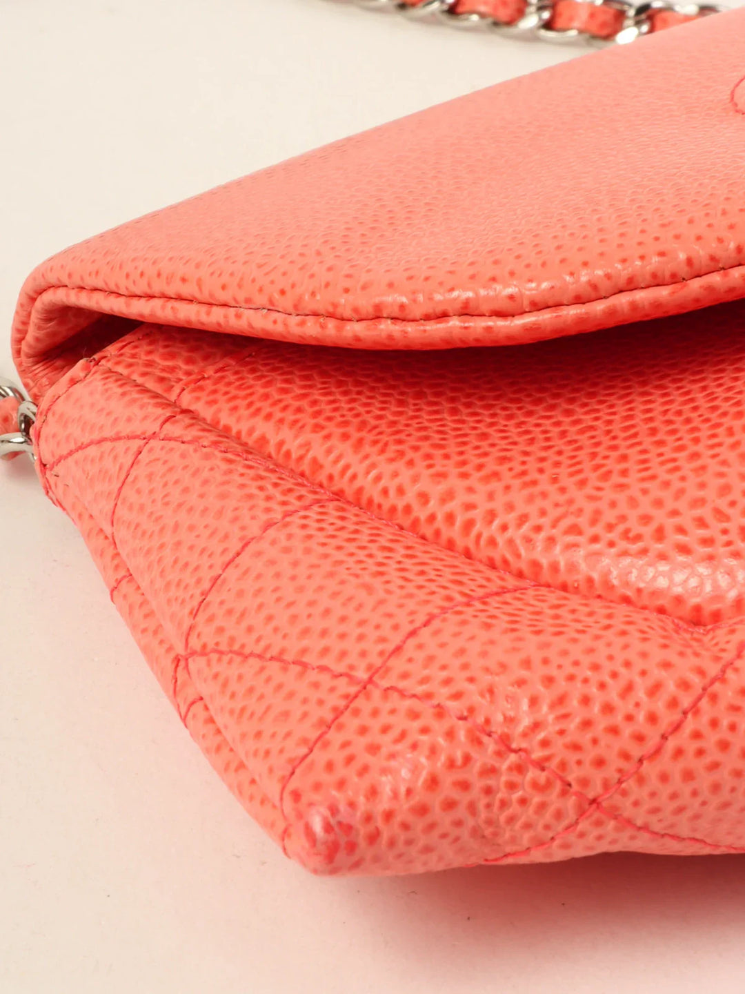 Chanel Around 2014 Made Caviar Skin Cc Mark Stitch Wallet On Chain Salmon Pink