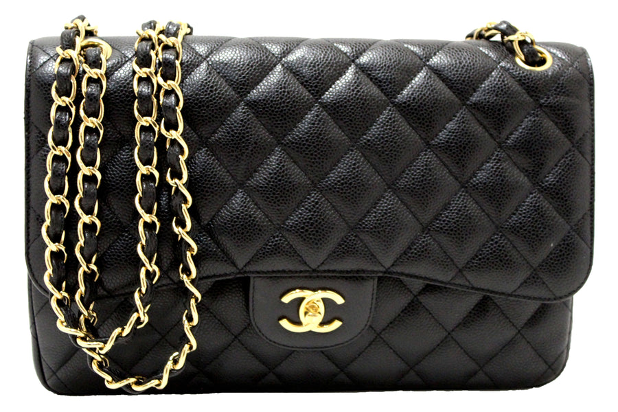 Chanel Black Quilted Caviar Leather Classic Jumbo Double Flap Bag | Italystation.com