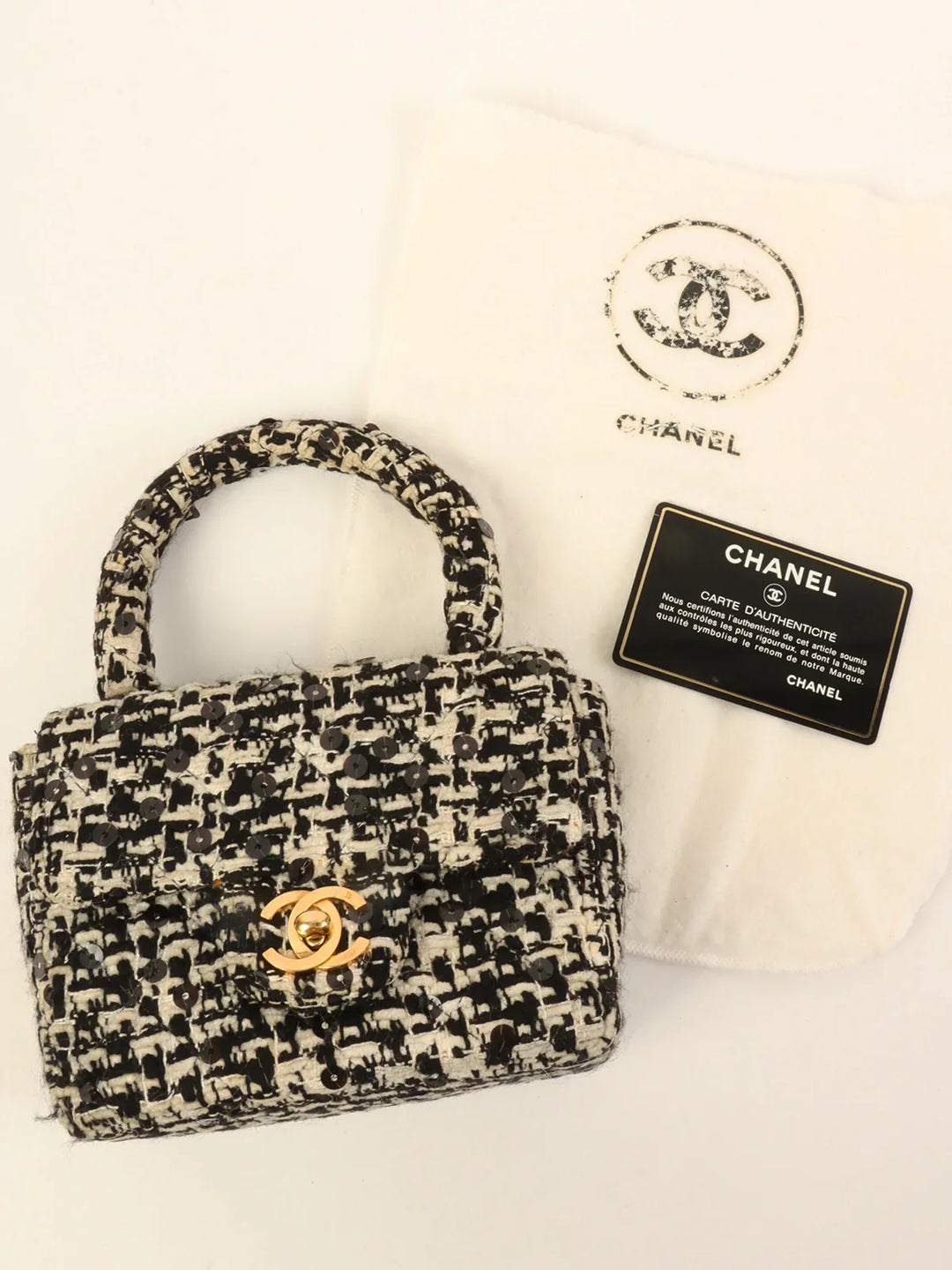 Chanel Around 1992 Made Tweed Sequin Classic New Top Handle Bag Mini Black/White