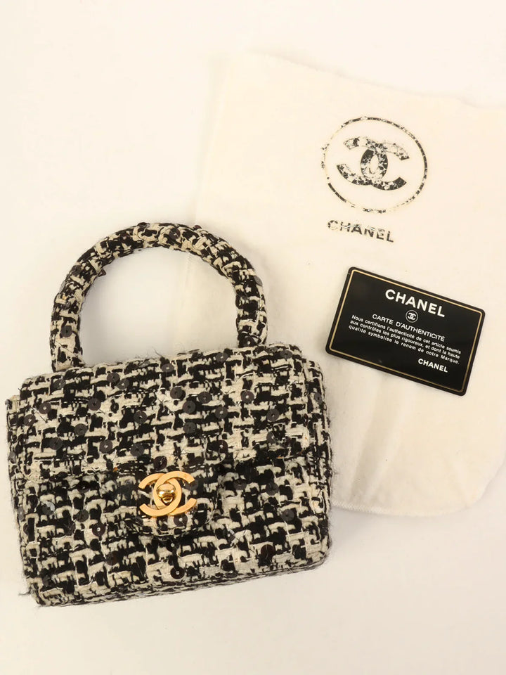 Chanel Around 1992 Made Tweed Sequin Classic New Top Handle Bag Mini Black/White
