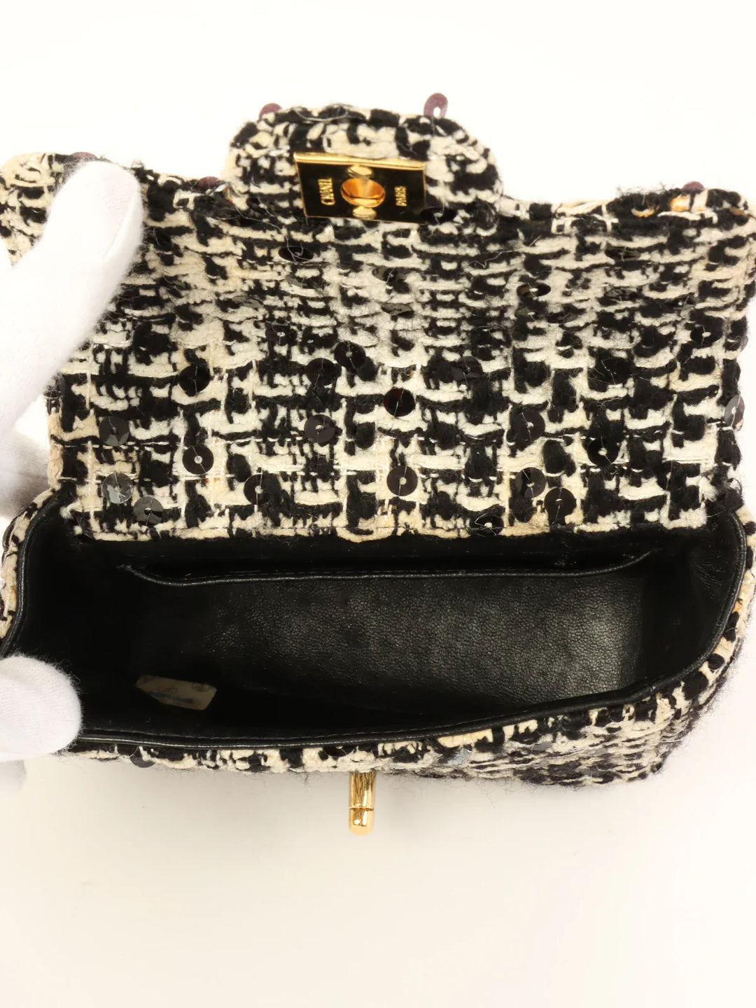Chanel Around 1992 Made Tweed Sequin Classic New Top Handle Bag Mini Black/White
