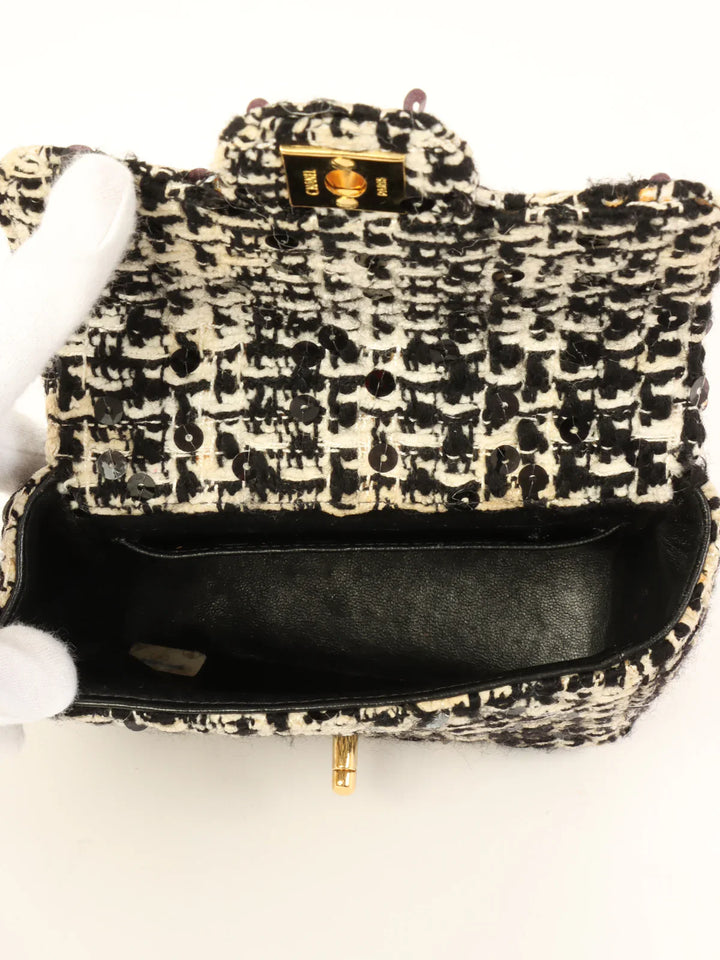 Chanel Around 1992 Made Tweed Sequin Classic New Top Handle Bag Mini Black/White