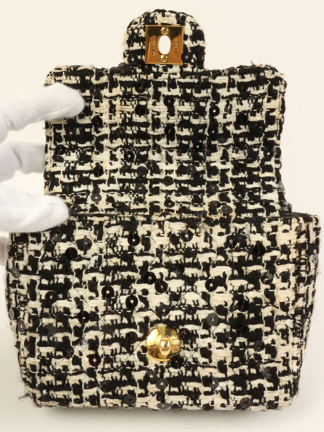 Chanel Around 1992 Made Tweed Sequin Classic New Top Handle Bag Mini Black/White