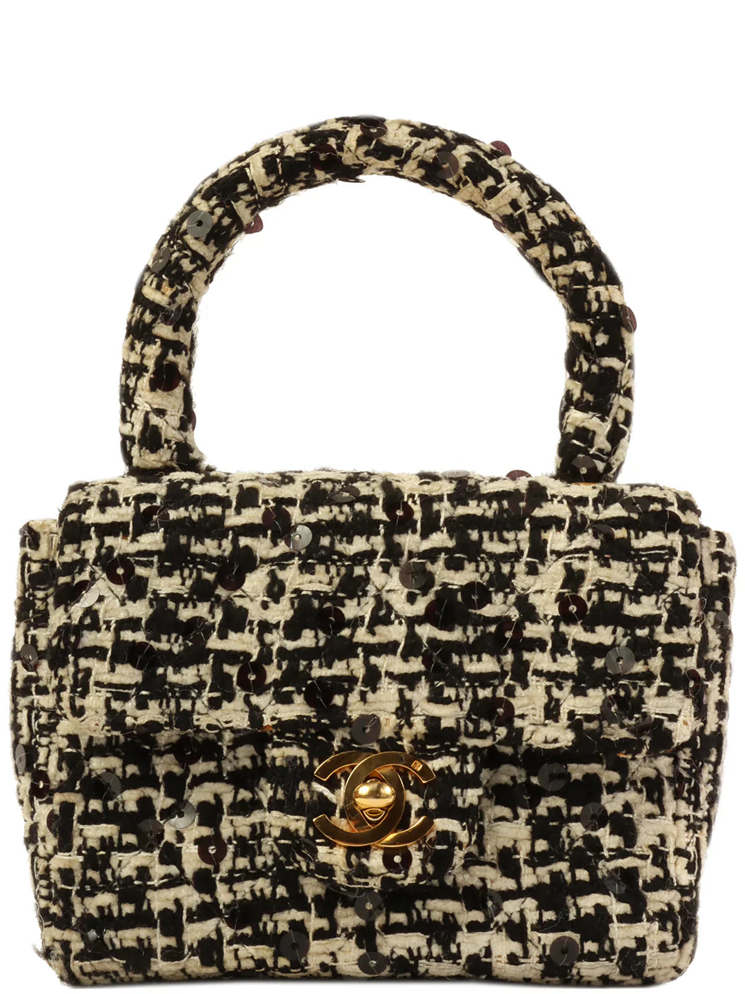 Chanel Around 1992 Made Tweed Sequin Classic New Top Handle Bag Mini Black/White