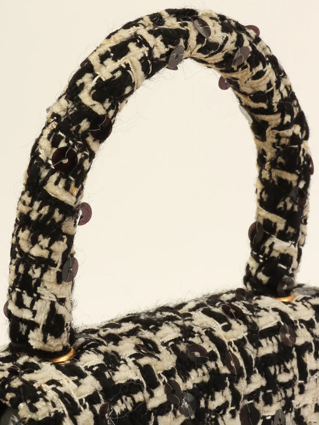 Chanel Around 1992 Made Tweed Sequin Classic New Top Handle Bag Mini Black/White