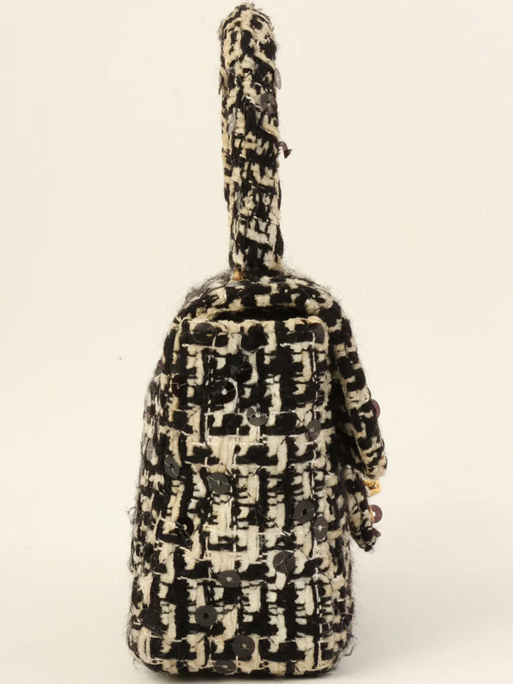 Chanel Around 1992 Made Tweed Sequin Classic New Top Handle Bag Mini Black/White