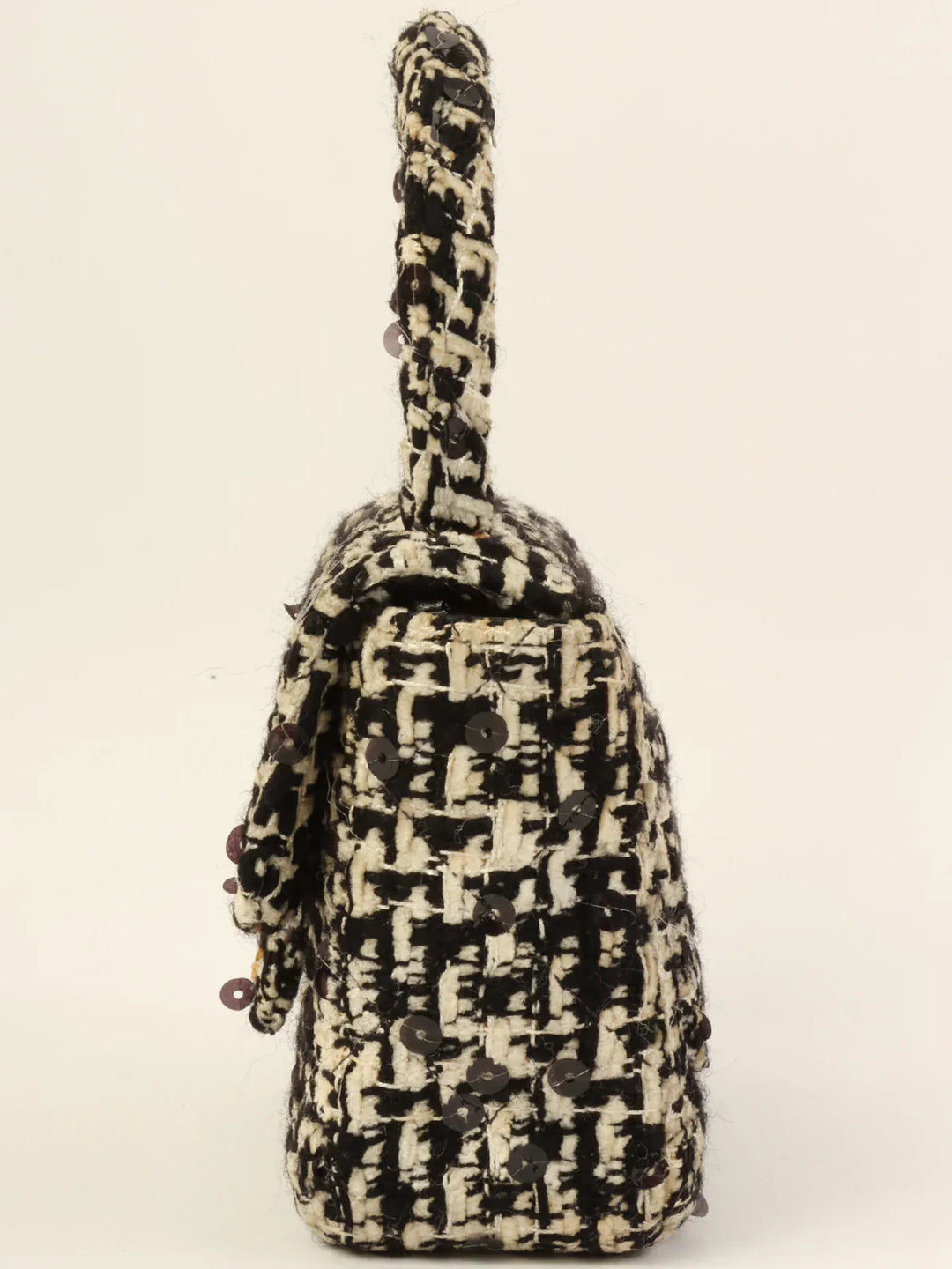 Chanel Around 1992 Made Tweed Sequin Classic New Top Handle Bag Mini Black/White