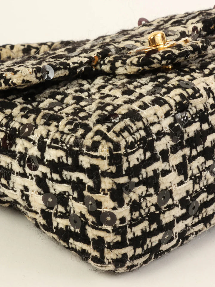 Chanel Around 1992 Made Tweed Sequin Classic New Top Handle Bag Mini Black/White