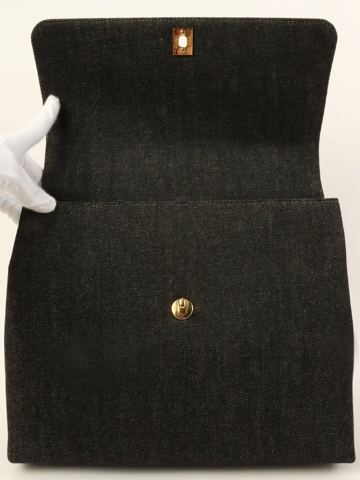 Chanel Around 1998 Made Denim Turn-Lock Top Handle Bag Black
