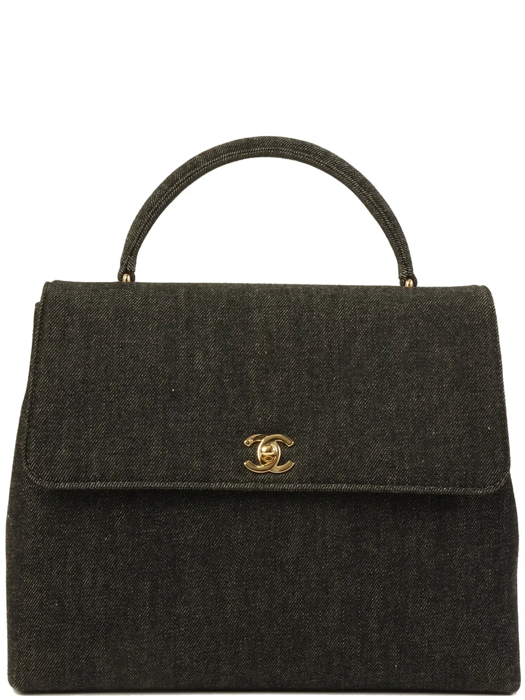 Chanel Around 1998 Made Denim Turn-Lock Top Handle Bag Black