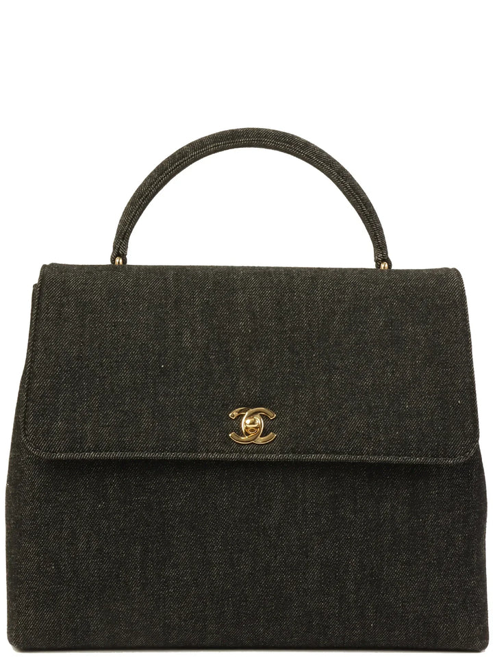 Chanel Around 1998 Made Denim Turn-Lock Top Handle Bag Black